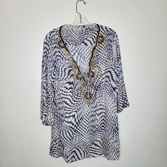 Soft Surroundings South Beach Tunic Beaded Lace Up Blue White Women Large - Picture 11 of 15